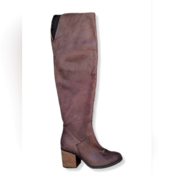 hinge Shoes - Hinge Boots Canton Brown Over The Knee Distressed 3" Chunky Block Heel S…